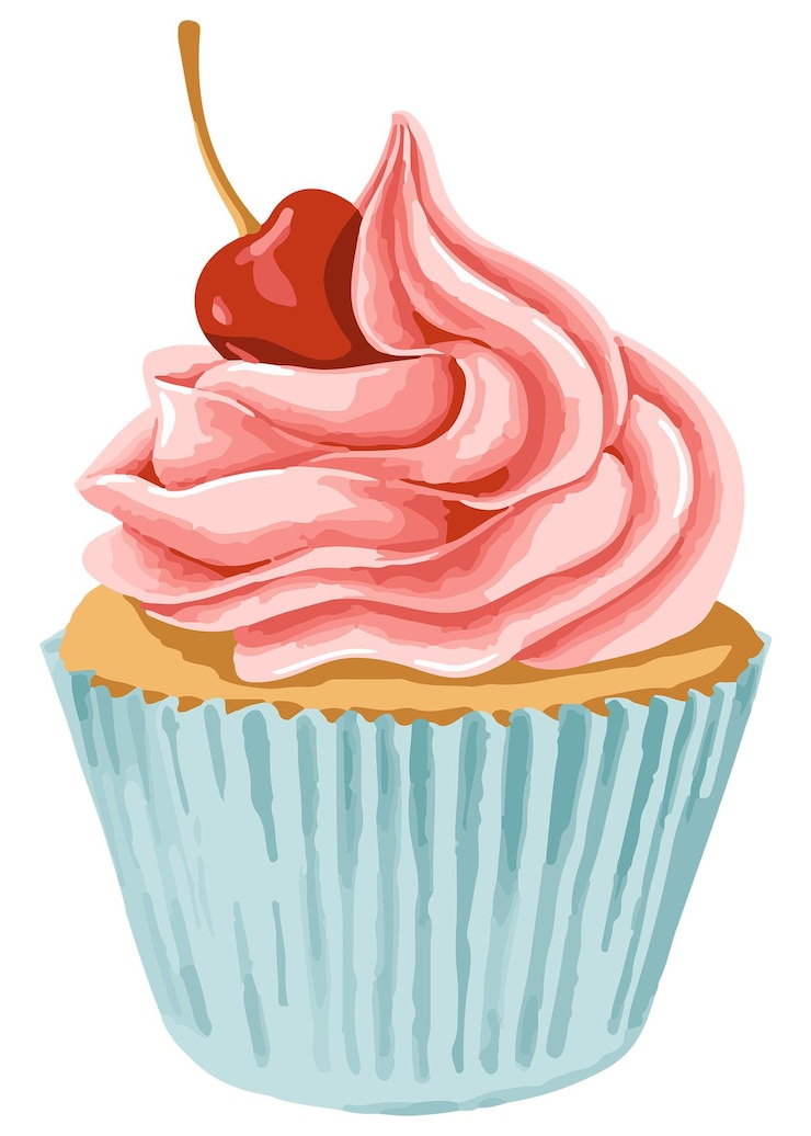 Foto vektorisierter cupcake mit maraschino-kirsche-aufkleber überlagert