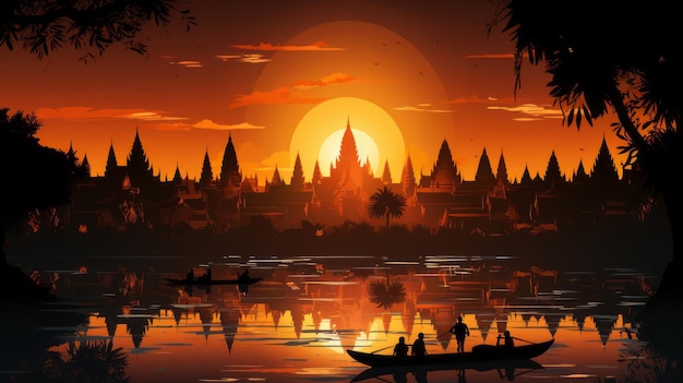 Vektorkunst von Silhouette Tempel Sonnenuntergang Hintergrund Teleobjektiv realistische Beleuchtung