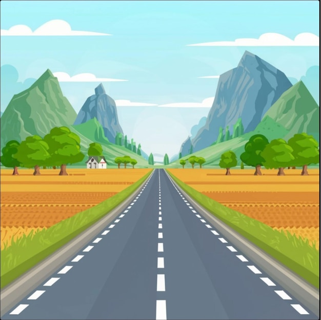 Vektorlandschaft, Autobahn und Berglandschaft im flachen Stil