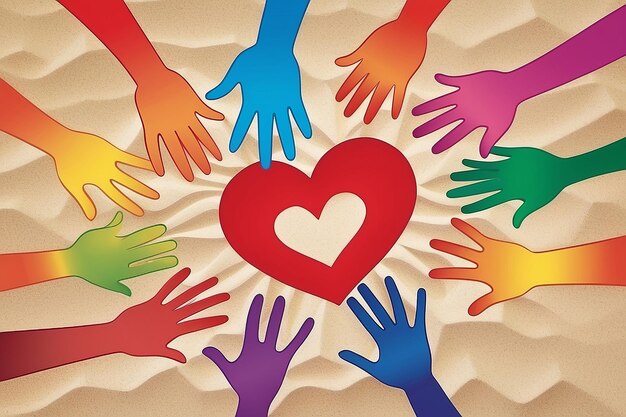 Vektorrotes helles Herz-Symbol mit regenbogenfarbenen Händen auf Sand-Hintergrund