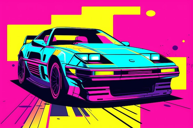 Vektorstil, Comic-Cartoon-Illustration, Synthwave, Retro, 90er-Jahre-Stil, Sportwagen, Retro-Welle