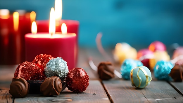 Una vela y un árbol de navidad en una mesa