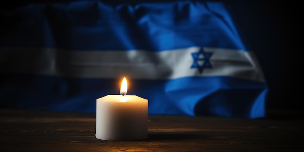 Vela ardiente y bandera de Israel sobre un fondo oscuro