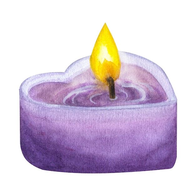 Vela ardiente violeta Forma corazón Ilustración acuarela aislado fondo blanco Diseño de velas para el día de San Valentín spa