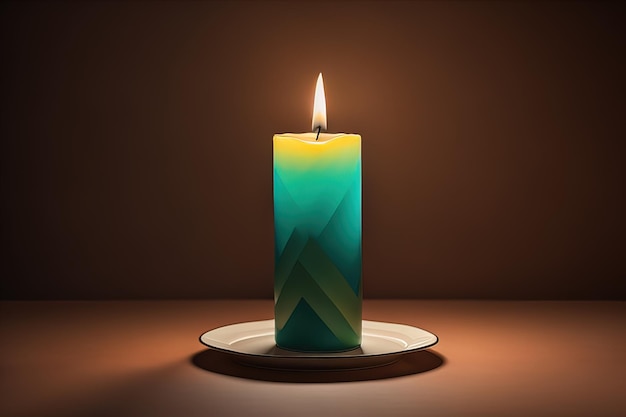 Vela de aroma ardiente en una mesa de madera contra un fondo de color sólido copyspace ai generative