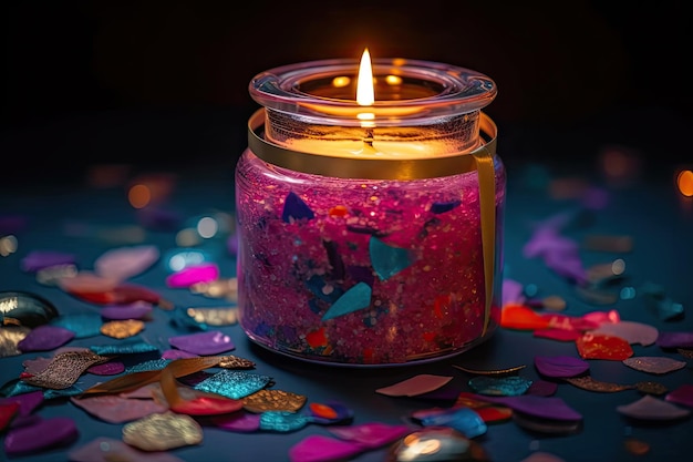 Vela aromática queimando em uma jarra cheia de purpurina e confete