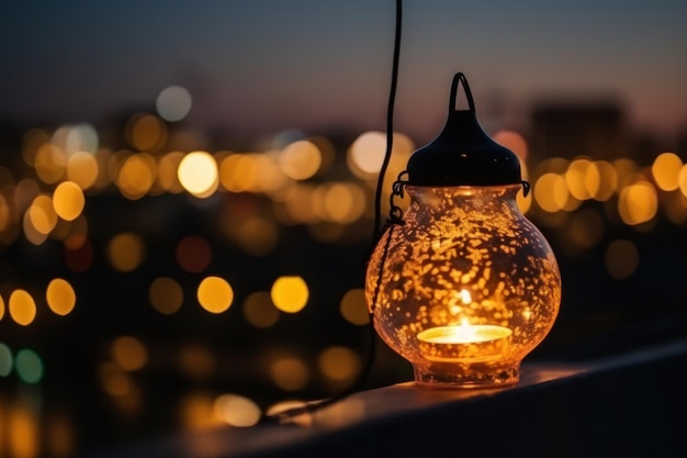 Una vela en un balcón con una ciudad al fondo