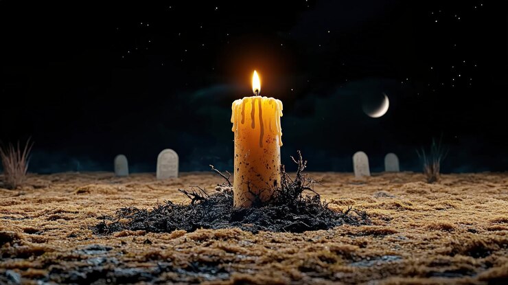 Una vela brillante rodeada por un cementerio desolado bajo un cielo crepúsculo