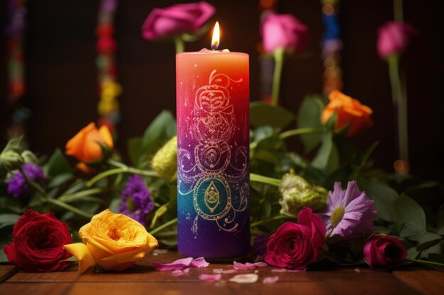 Foto vela chakrathemed adornada com flores frescas