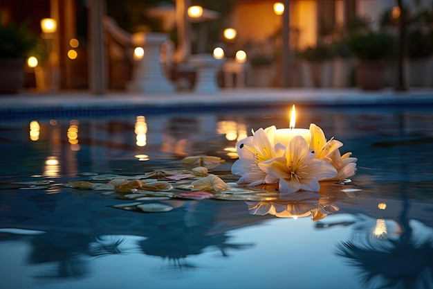 Vela com flor na piscina