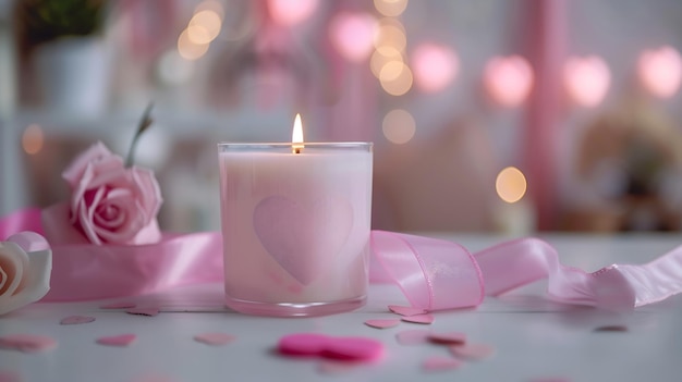 Vela com rótulo em branco perto de decorações cor-de-rosa corações e fitas de seda em mesa branca IA gerativa