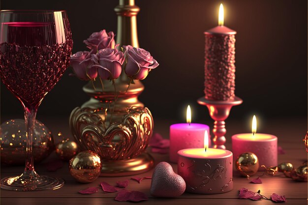 Una vela y una copa de vino están sobre una mesa con rosas y un candelabro.