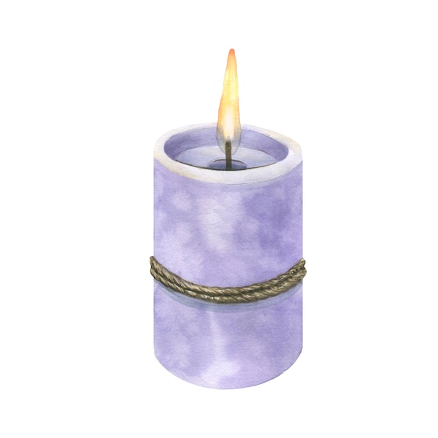 Una vela con una cuerda de yute con una llama de color lila de un gran conjunto de Lavender SPA Objeto aislado Para el diseño y decoración de postales carteles menús listas de precios salones de belleza