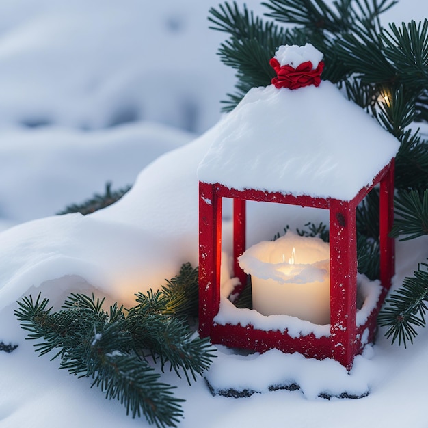 Vela de Natal em uma lanterna vermelha em uma árvore de Natal coberta de neve