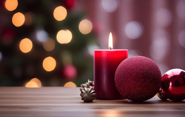 Vela de Natal na mesa em frente à árvore de Natal