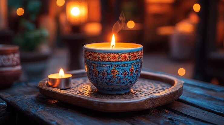 Vela decorativa en una taza con patrón en una bandeja de madera con luz ambiental cálida