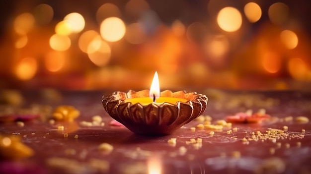 Una vela diwali con luces amarillas en el fondo