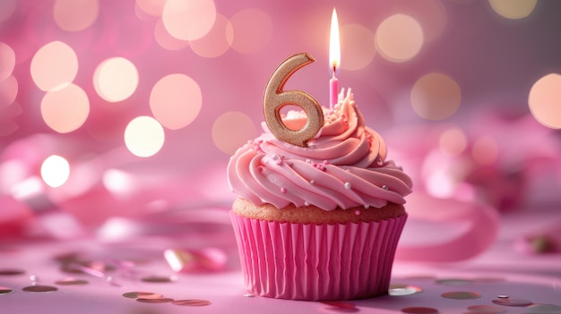 Foto vela dourada número 6 em um cupcake em um fundo rosa pastel