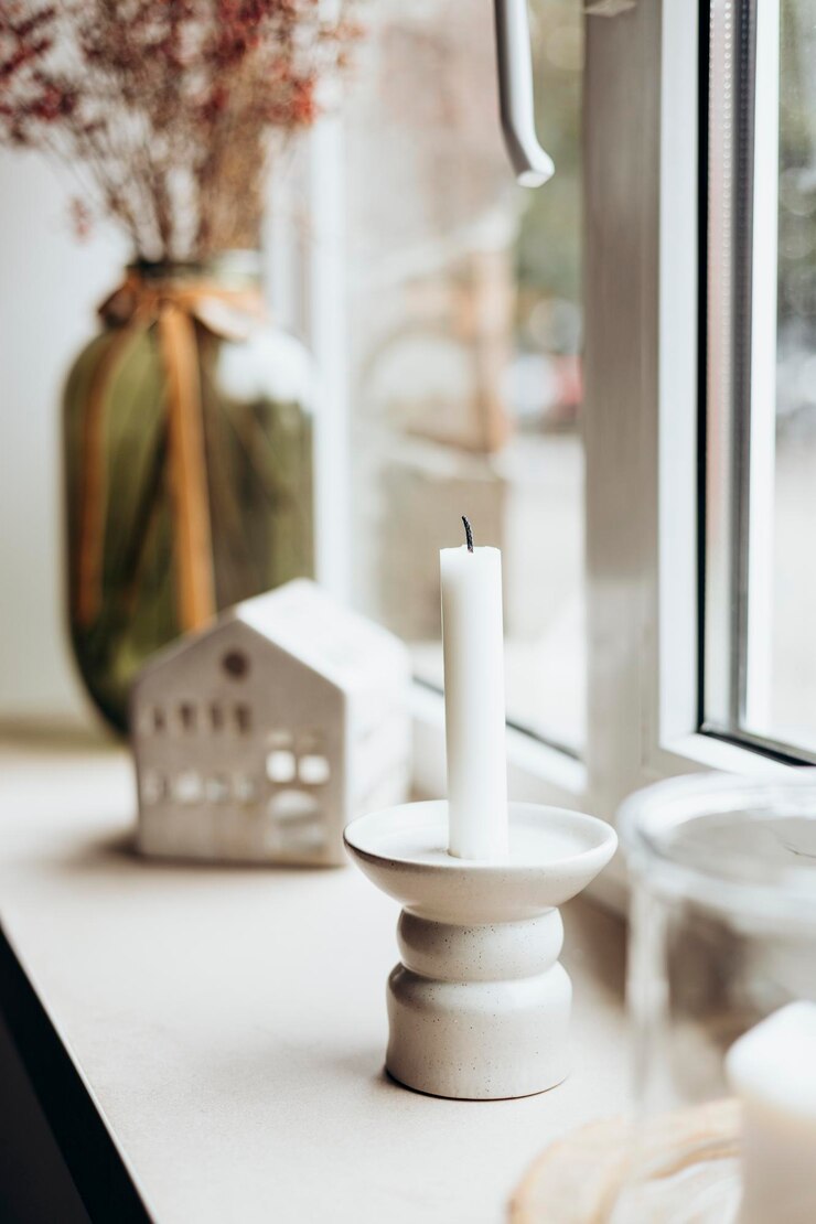 Foto vela e casa decorativa no peitoral da janela em casa
