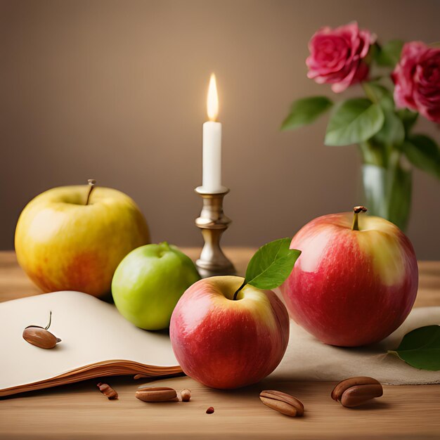 Foto una vela está encendida al lado de una manzana y un libro con una vela en ella