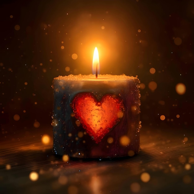 Una vela encendida con un corazón rojo
