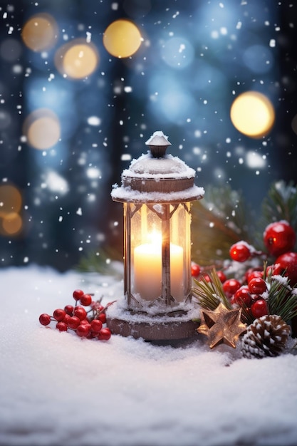 Vela encendida y decoración navideña y luces de fondo Navidad Generativo ai