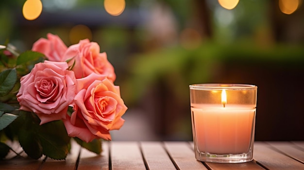 Una vela encendida y flores de rosa contra el fondo de un jardín