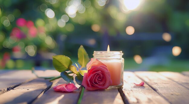 Una vela encendida en un frasco al lado de una rosa rosa en una superficie de madera con un fondo bokeh