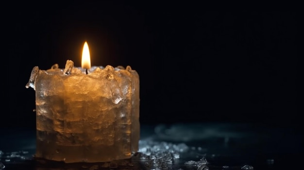 Foto vela encendida en el hielo sobre un fondo negro con gotas de ai generador de agua