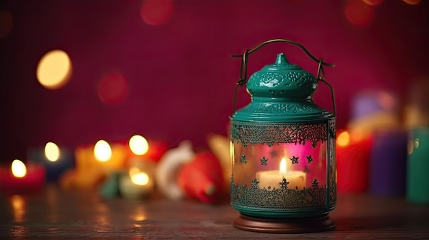 Una vela encendida se sienta en una mesa frente a un fondo rojo con adornos navideños.
