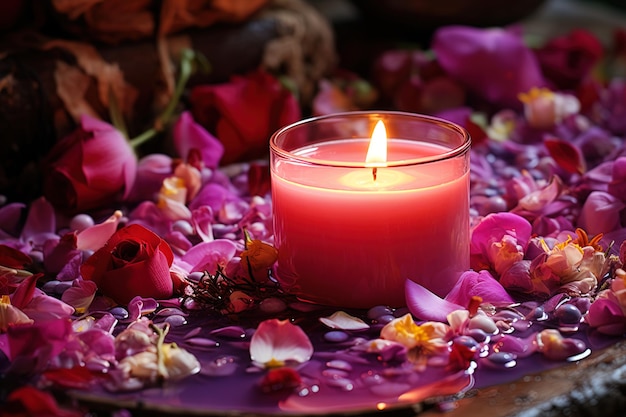 Vela encendida en un vaso rodeado de pétalos de flores de color rosa y púrpura