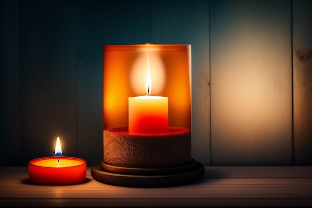 Una vela encendida y una vela están sobre una mesa.