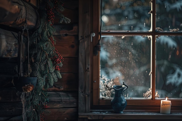 Una vela está encendida frente a una ventana