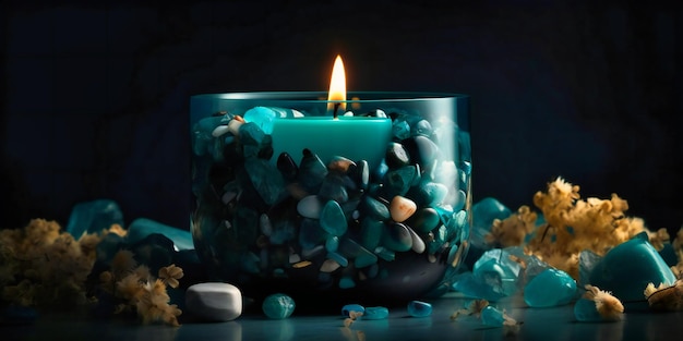 Una vela con flores cerca de rocas oscuras y grava
