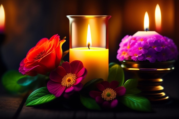 Una vela y flores se encienden frente a un fondo oscuro.