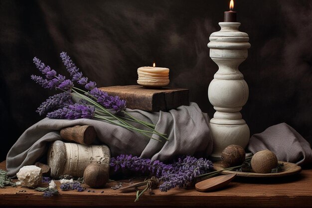 una vela y flores están en una mesa con una vela