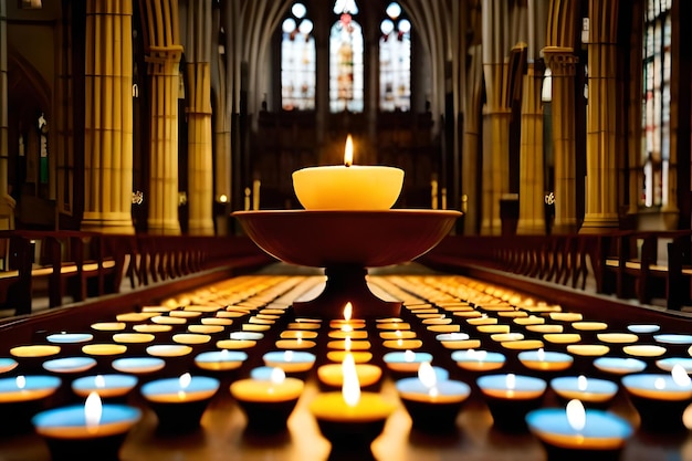 Foto una vela en una iglesia con velas en el centro.