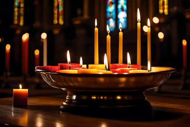 Una vela en una iglesia con una vidriera detrás.