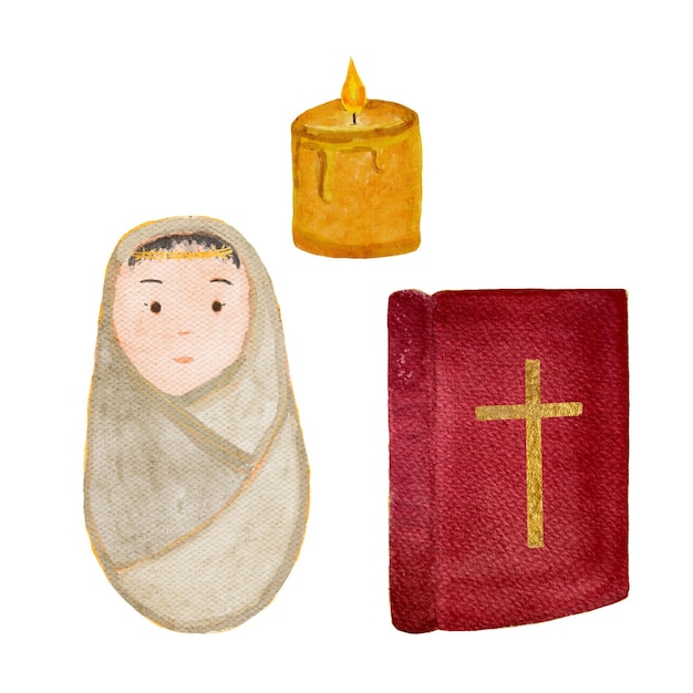 Vela de Jesús bebé envuelta Biblia acuarela pintada a mano aislada sobre fondo blanco de alta calidad