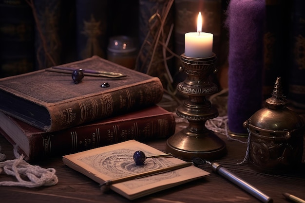 Una vela y un libro sobre un escritorio con una varita mágica