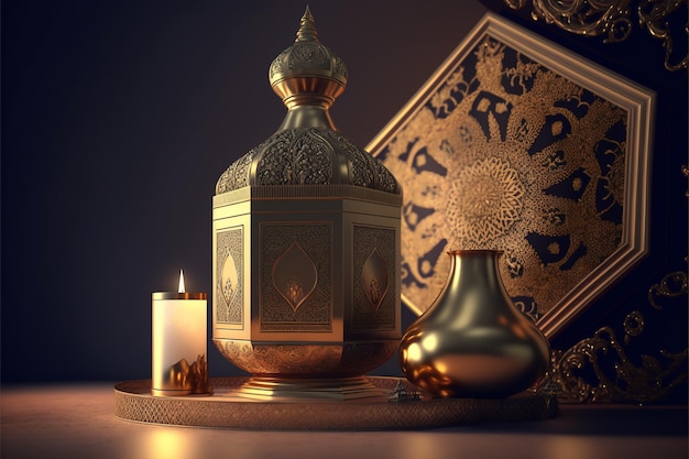 Una vela y una linterna un conjunto de objetos para Ramadan Mubarak