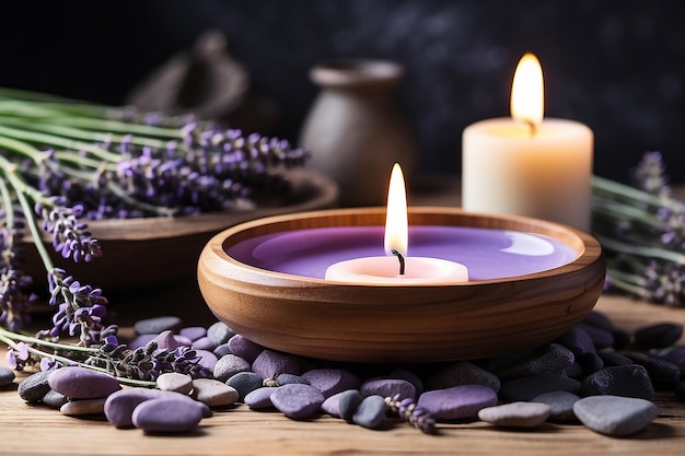 Vela de meditación ardiendo en un plato de madera sobre una cama de piedras con flores de lavanda para una sesión de inspiración de experiencia Zen de meditación espiritual
