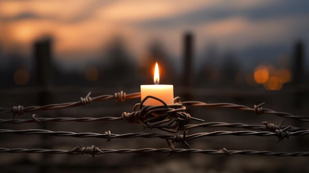 Vela de la memoria Ilumina el pasado con una conmovedora escena de una vela encendida y alambre de púas sobre un fondo oscuro para el Día de Conmemoración del Holocausto