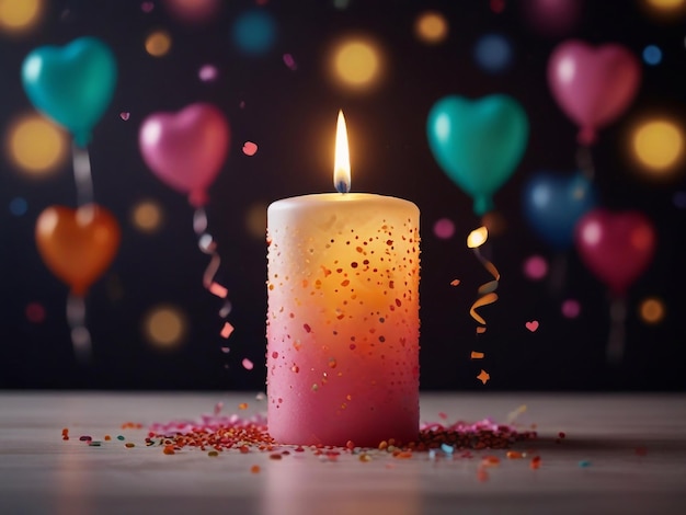 Foto una vela con muchos corazones y globos en una mesa