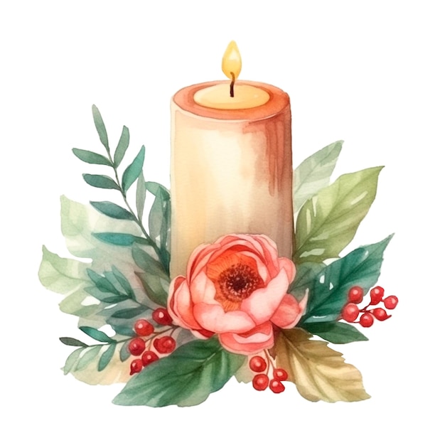 Vela de Navidad acuarela AI generativa Floral Navidad vela ilustración aislada