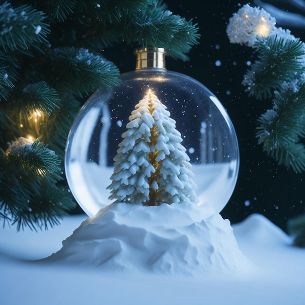 Vela de Navidad en una linterna roja sobre un árbol de Navidad cubierto de nieve