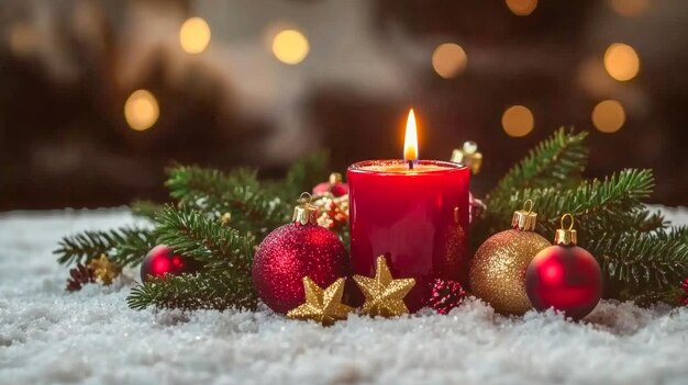 Vela navideña festiva con elegantes decoraciones navideñas