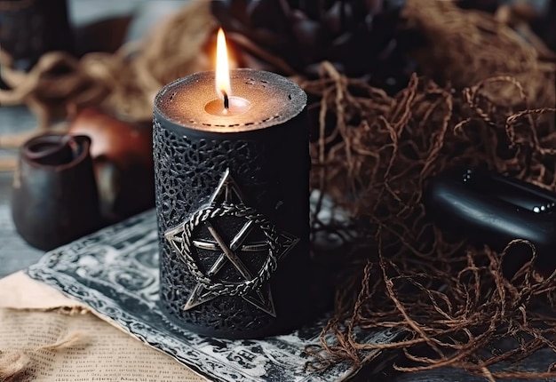 Foto vela negra brillante con un pentagrama