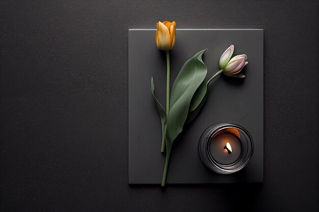y una vela plana en el fondo del tulipán