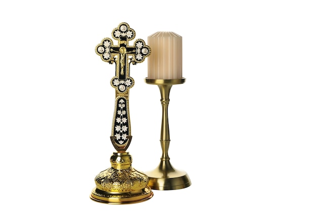 Vela PNG e cruz dourada isoladas em fundo branco